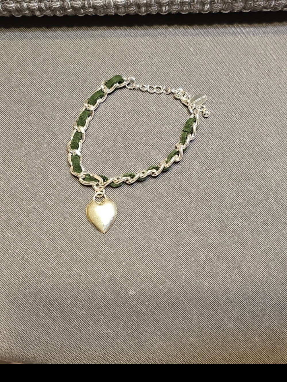 Arizona Heart Charm Bracelet with Olive Green Ribbon Accent